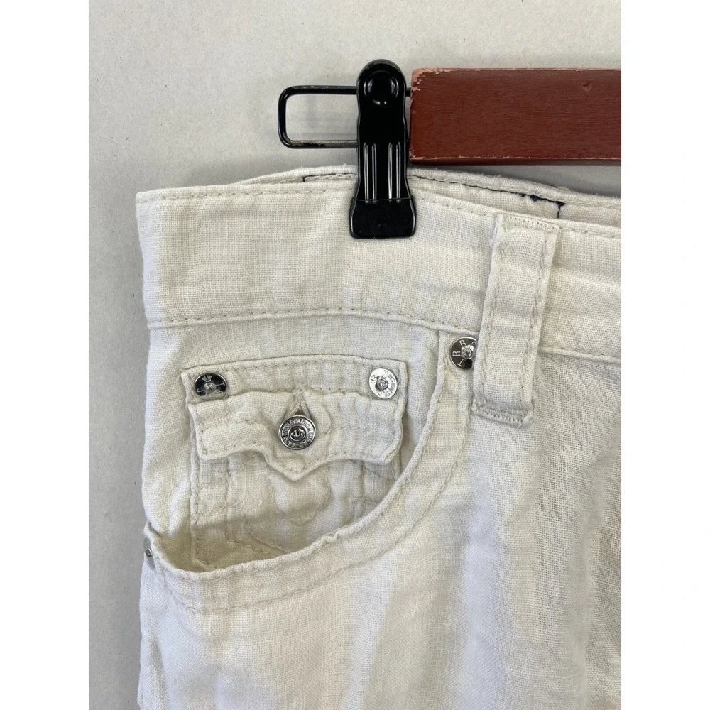 True Religion Flap Pocket Shorts Mens 28 Cream Linen Bermuda Summer Casual